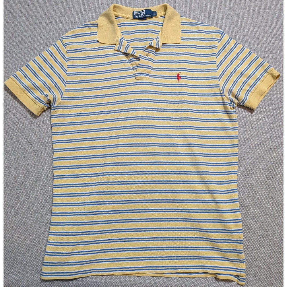 Polo Ralph Lauren Men's M Yellow Blue Striped Pique Cotton Polo Shirt Pony